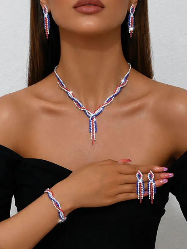 Colorful Rhinestone Twisted Tassel Necklace, Earrings, and Bracelet Set
