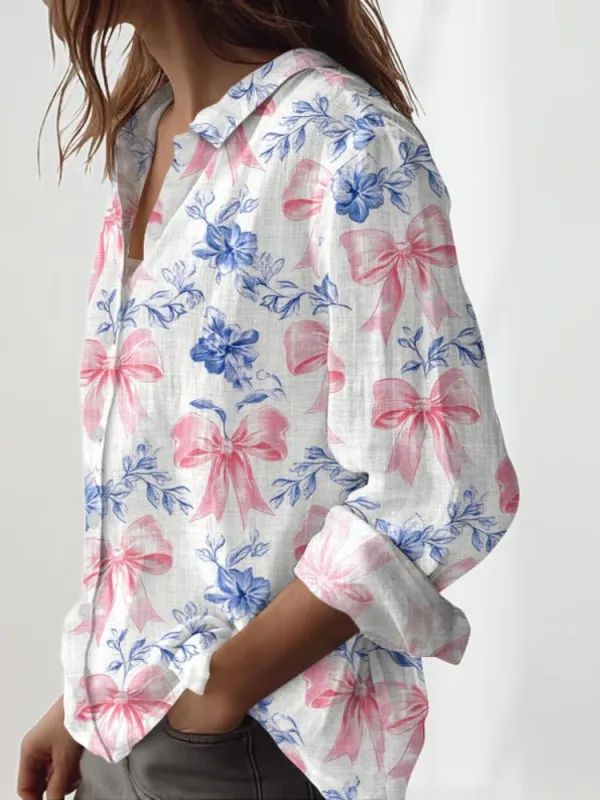 Bow and Flower Print Long Sleeve Shirt
