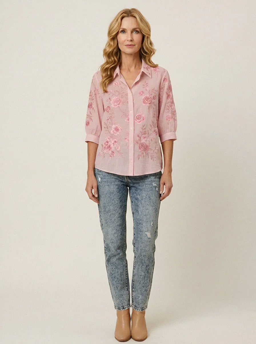 Women's Breast Cancer Awareness Pink Rose Floral Embroidered Button-Down Shirt