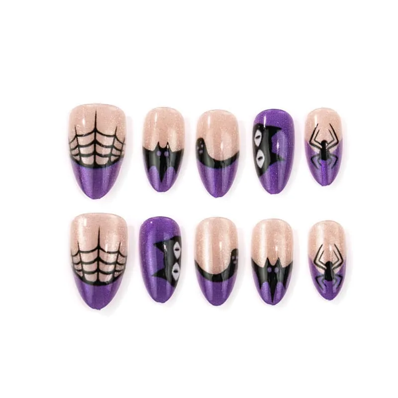 Nailhour 30Pcs French Cat Eye Short Almond Purple Cat Spider Halloween Press On Nails