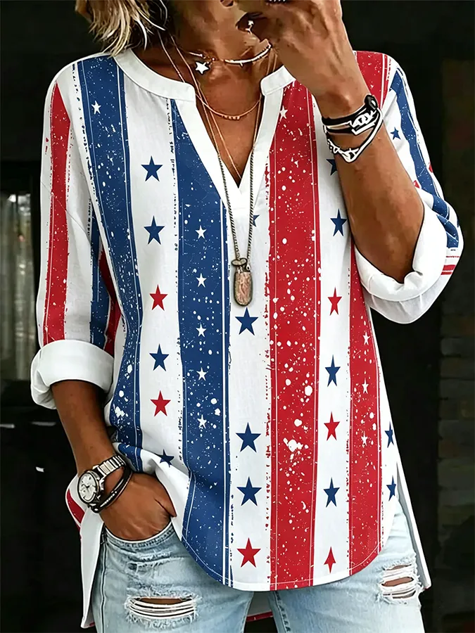 Ladies' Casual American Star Flag Personalized Print V-Neck Long Sleeved T-Shirt