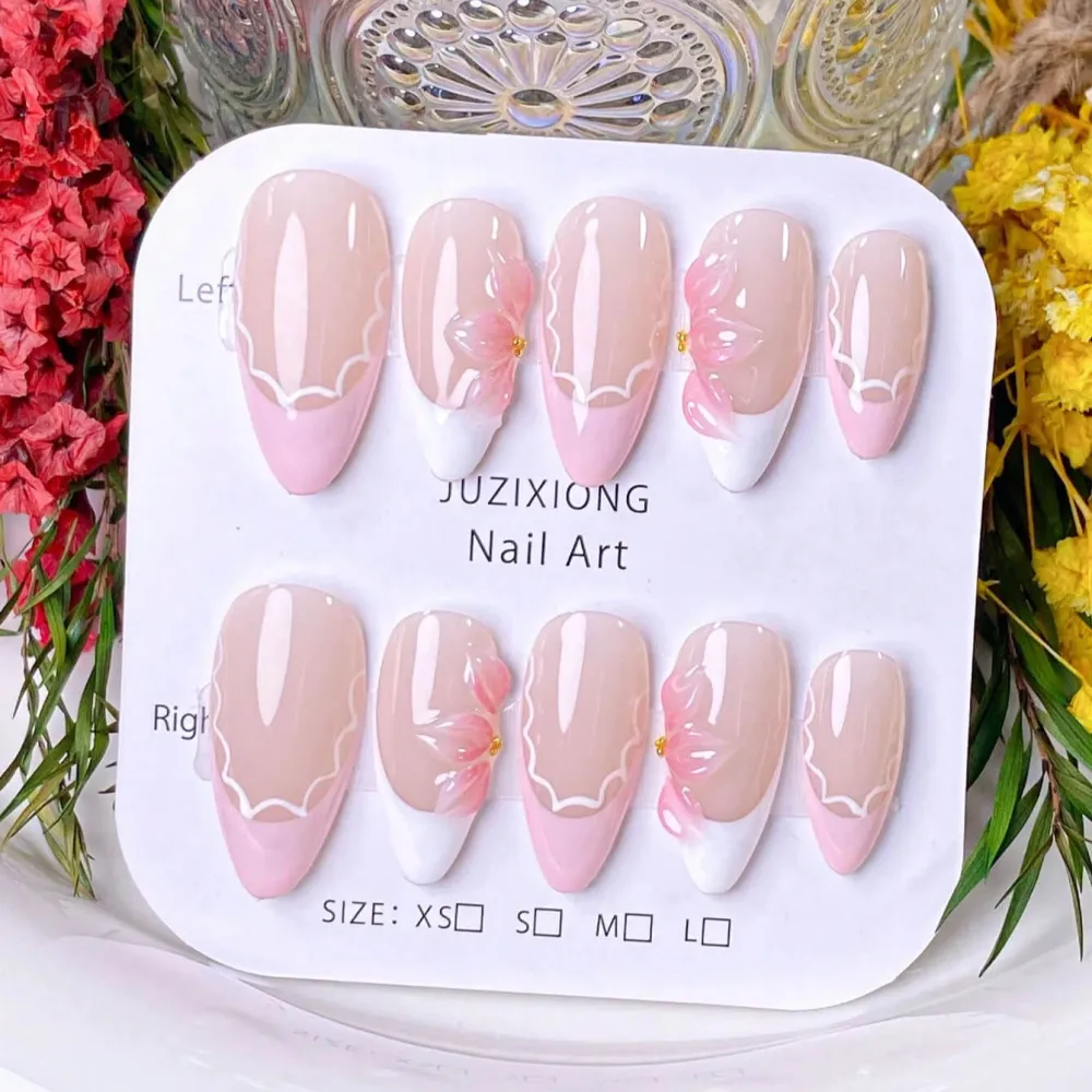 Nailhour 10Pcs Handmade French Medium Almond 3D Resin Nude Press On Nails