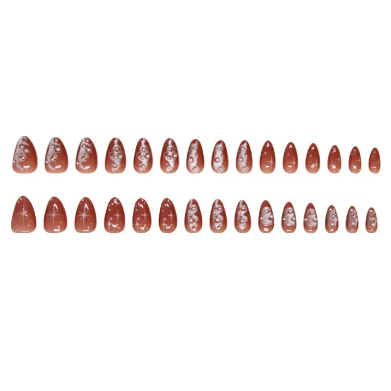Nailhour 30Pcs 3D Dark Punk Red Rhinestone Party Short Almond Press On Nails