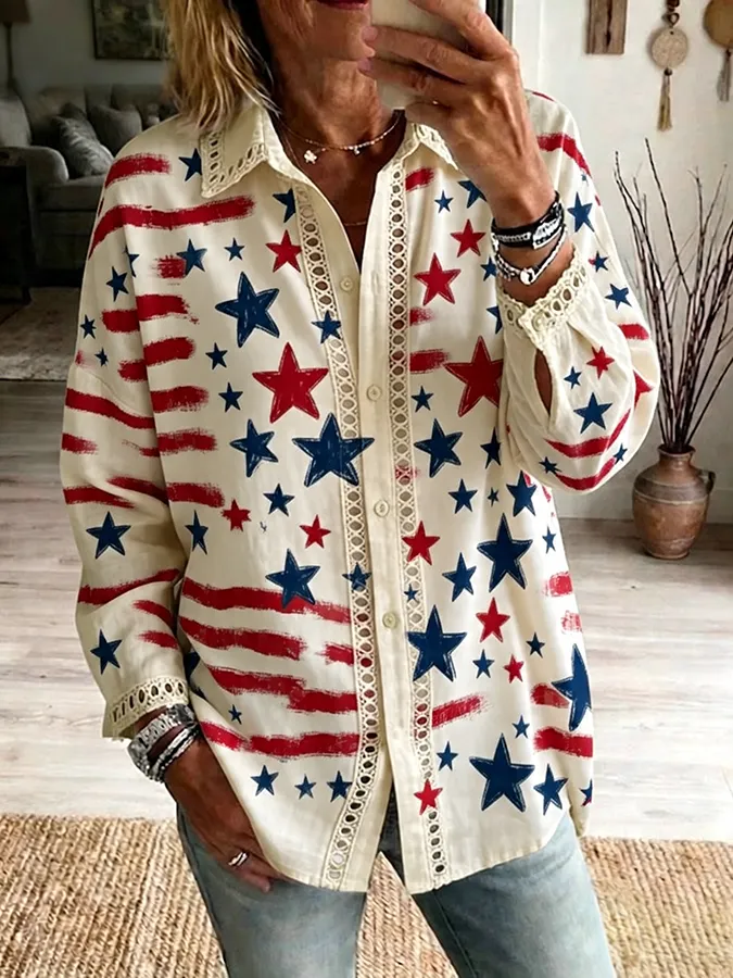 Women's Casual Hollow Out Pentagram Printed Shirt