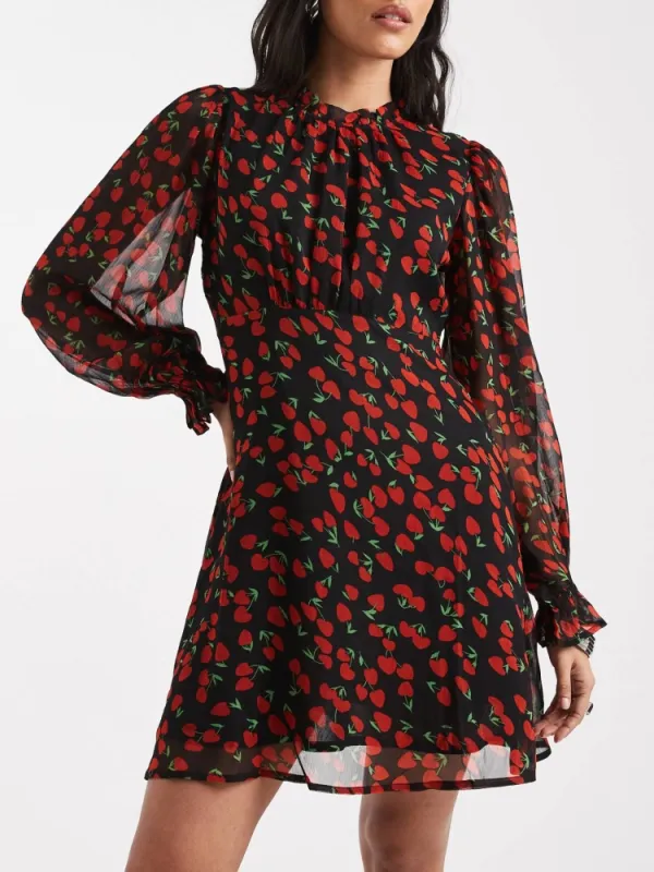 Cherry Print Ruffle Sleeve Dress