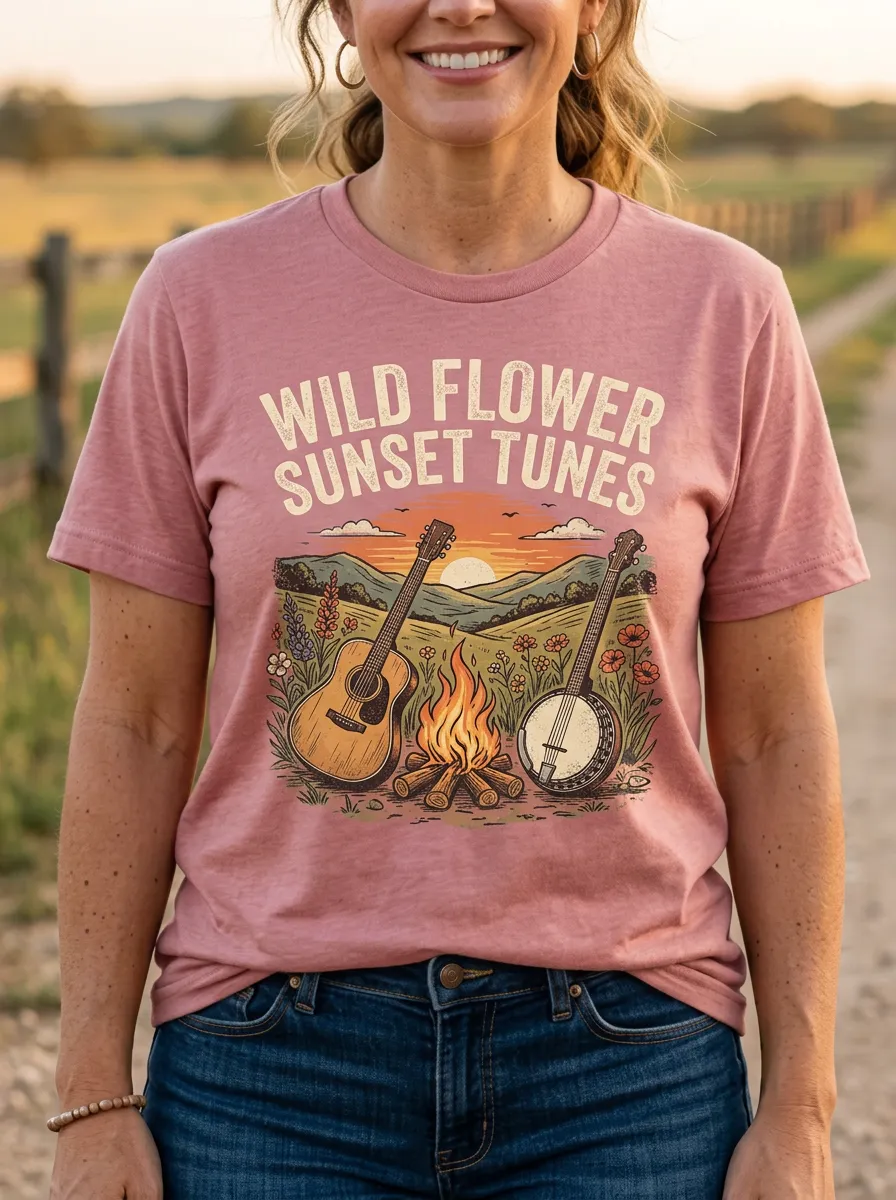 Guitar Banjo Sunset Women's Country Music Crew-Neck T-Shirt