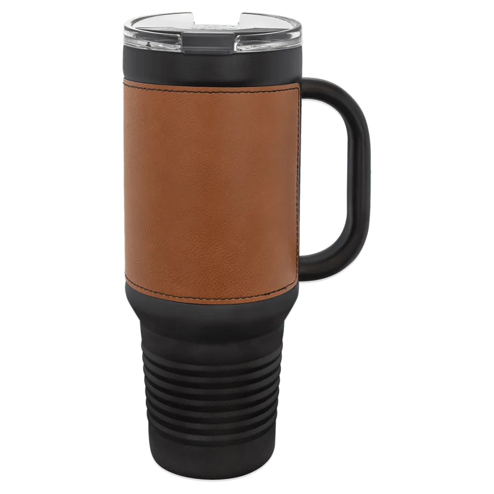 Leatherette Finish Handled Straw Lid Stainless Steel Tumbler