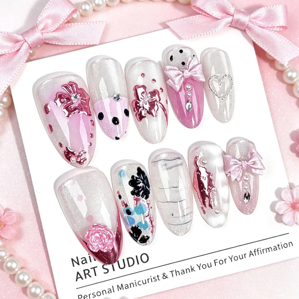 Nailhour 30Pcs Cat Eye Glitter Medium Almond French Press On Nails