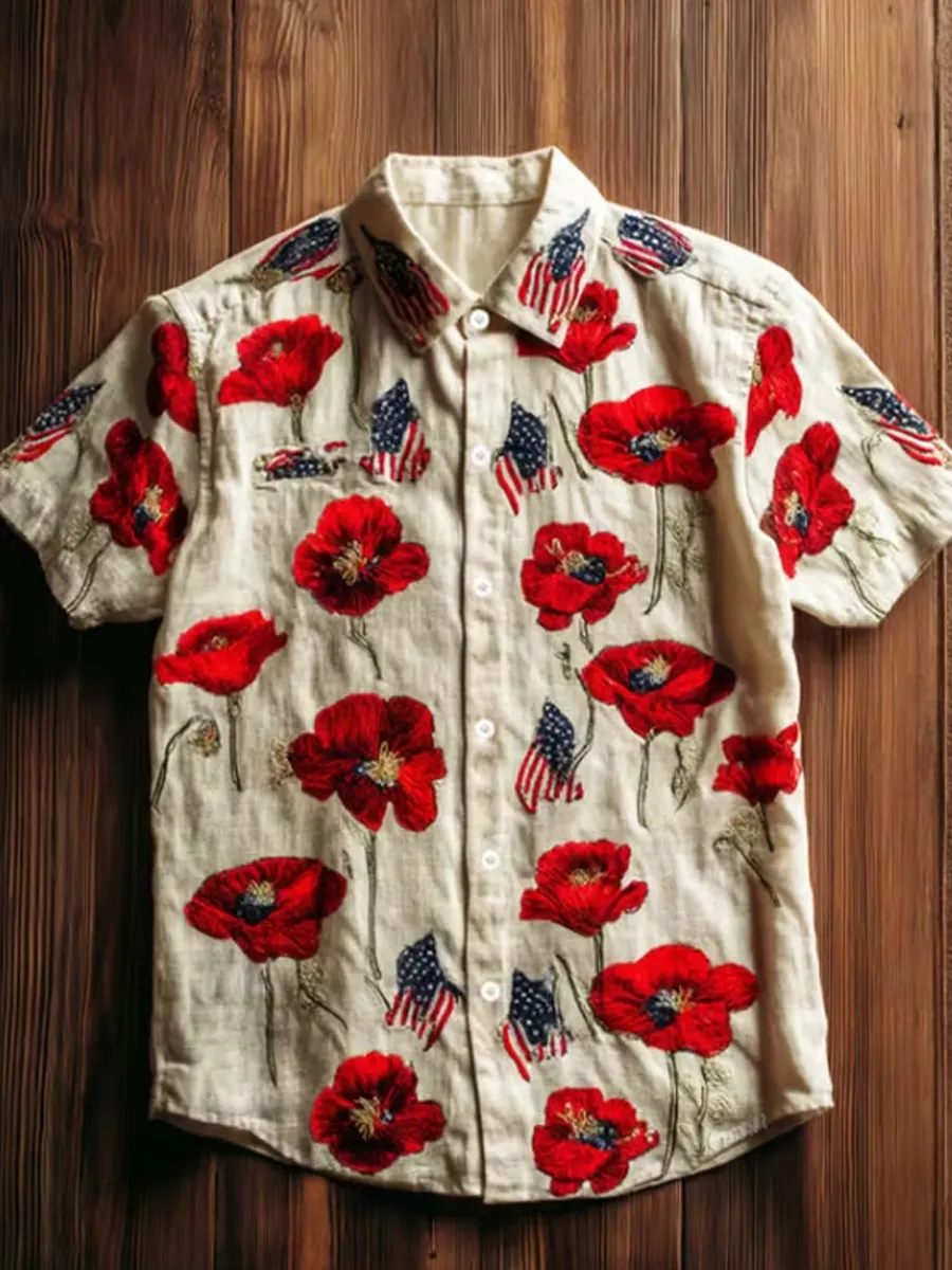 Men'S Poppy And American Flag Art Print Short Sleeve Shirt