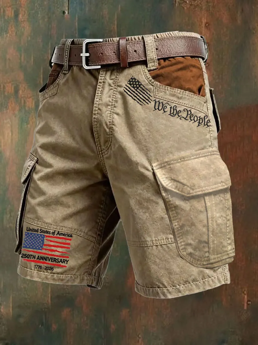Men's Retro Flag Cross Multi-Pocket Print Cargo Shorts