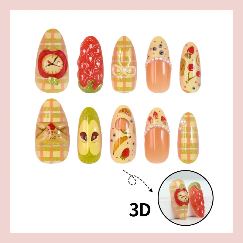 Nailhour Cute Fruits 3D Green 30Pcs Almond Press On Nails