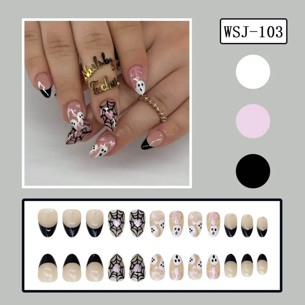 Nailhour 24Pcs Halloween Short Almond French Glitter Ghost Press On Nails