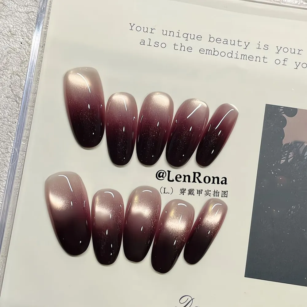 Nailhour 10Pcs Purple Cat Eye Gradient Long Oval Press On Nails