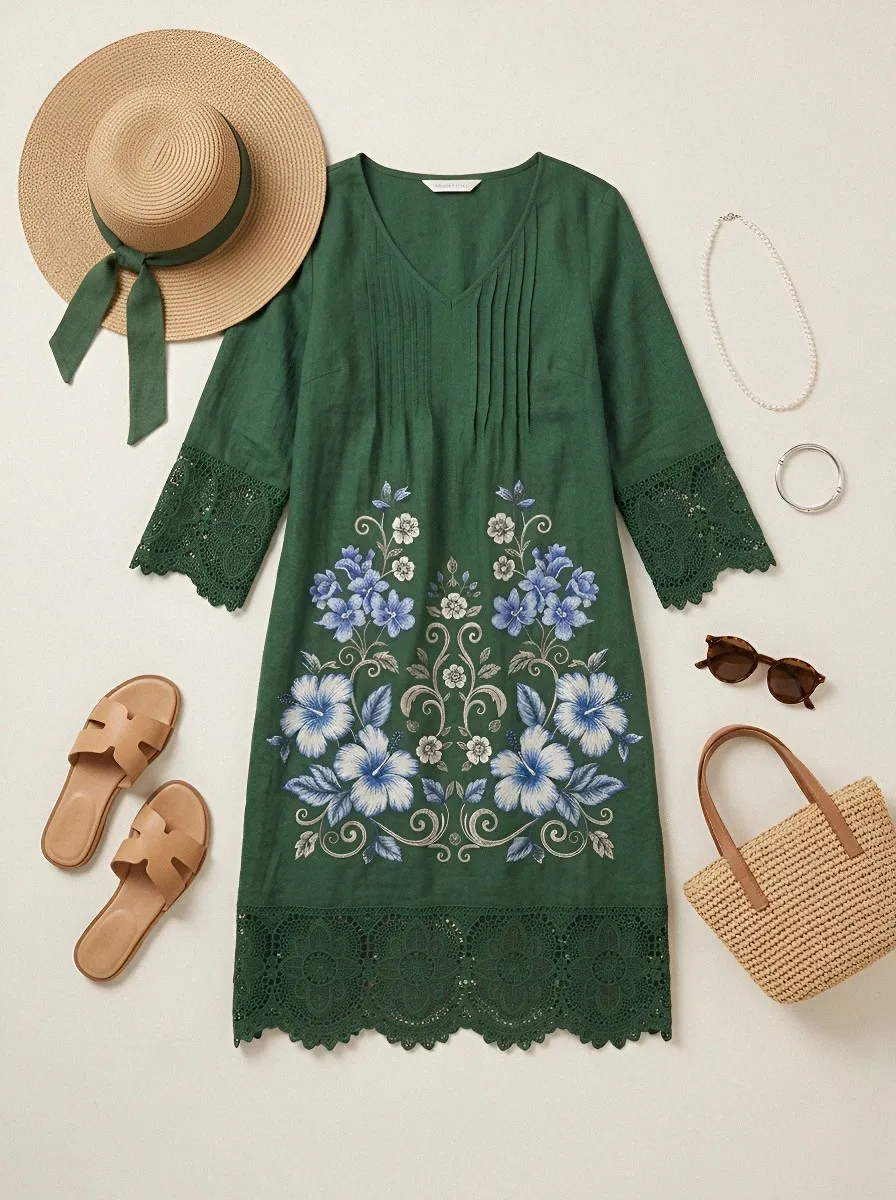 Women's Summer Vacation Blue Hibiscus Floral Lace Trim Printed Dress