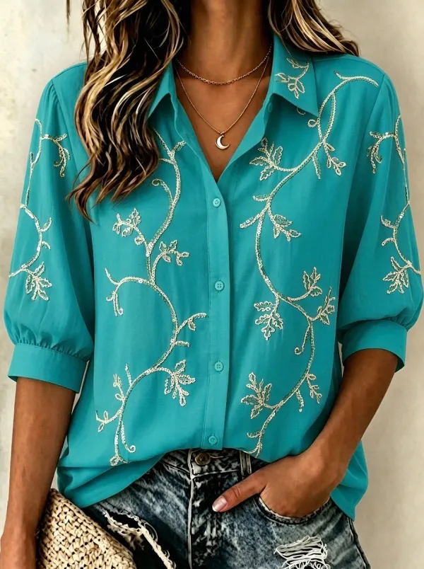 Women's Breast Cancer Awareness Floral Vine Embroidered Button-up Shirt