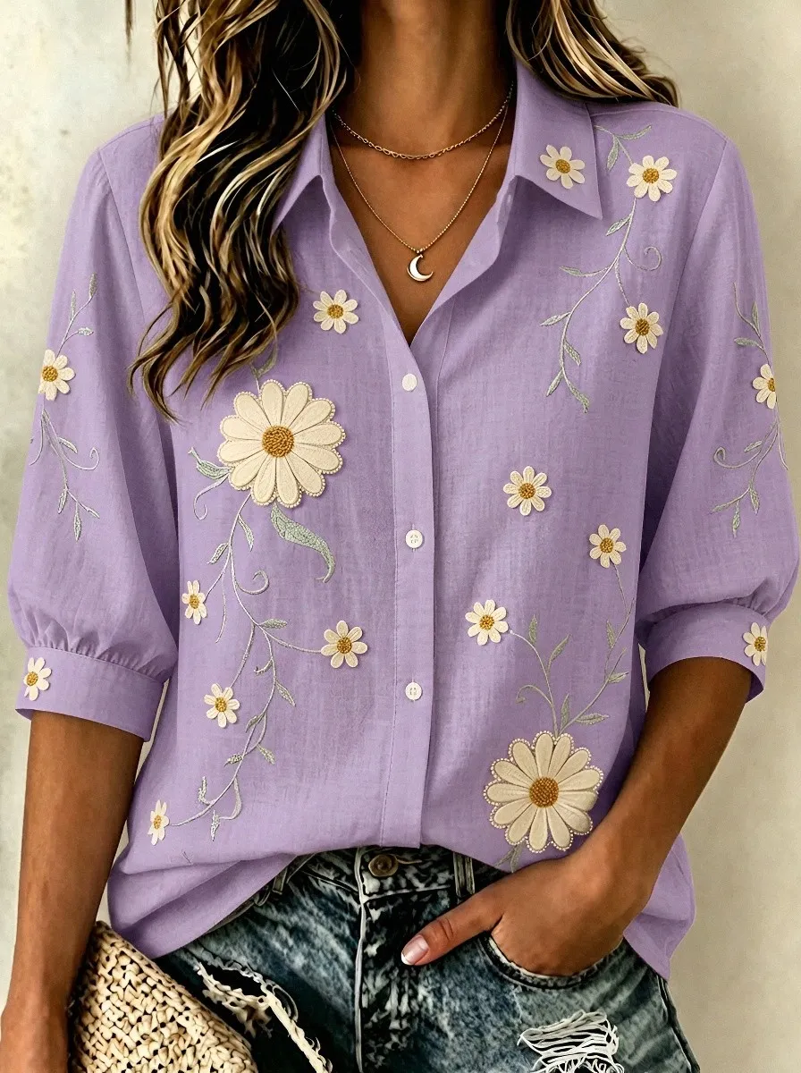 Women's Breast Cancer Awareness Daisy Floral Embroidered Printed Shirt