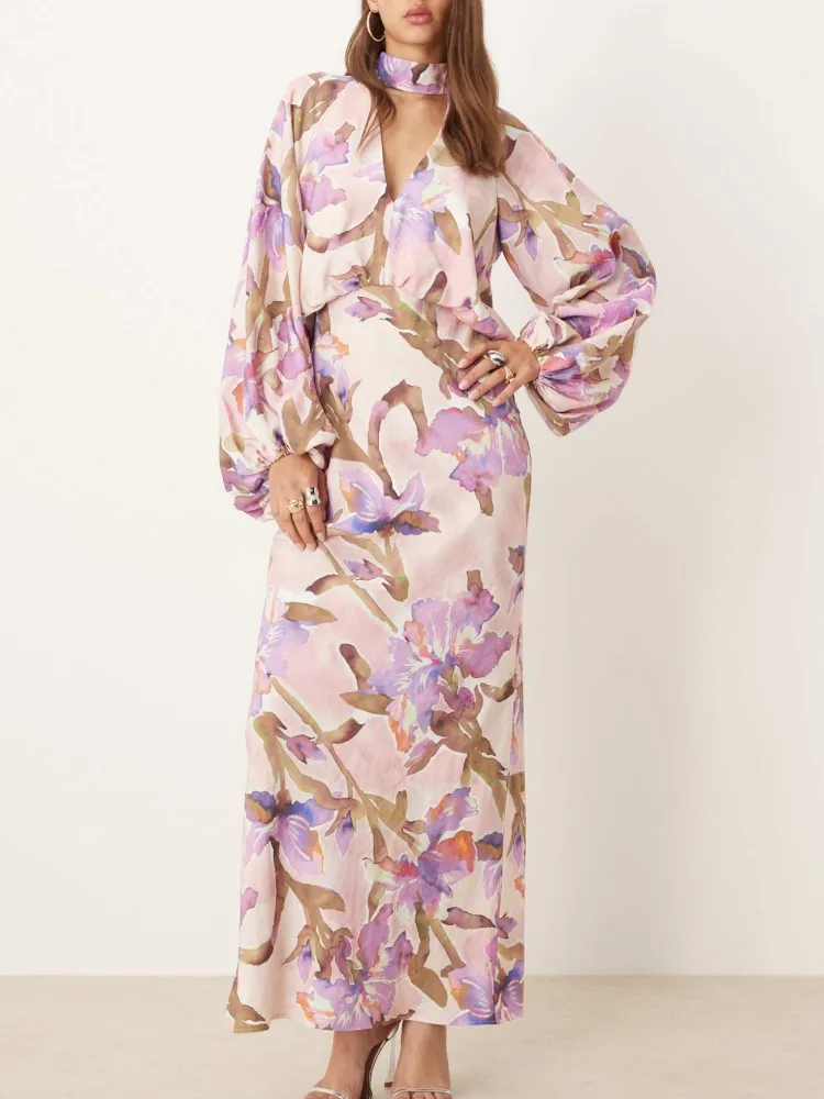 Cutout Watercolor Floral Maxi Dress