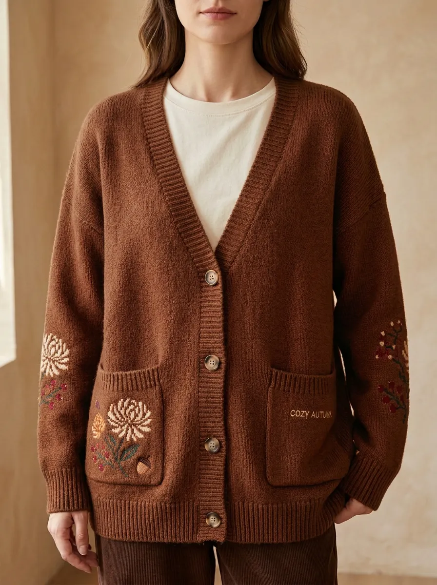 Floral Acorn Embroidered Women's Knit Cardigan