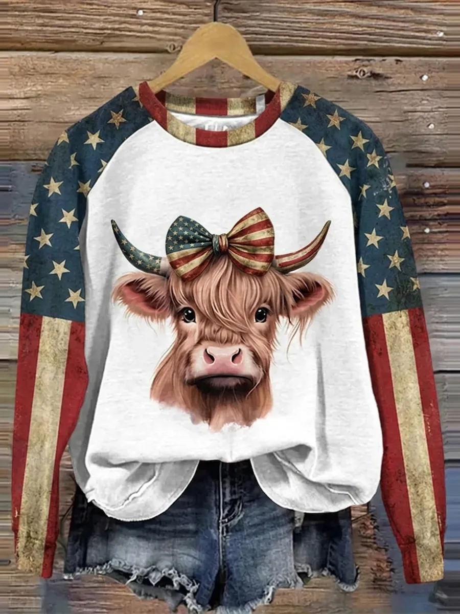 Women's America's 250th Anniversary Vintage Scottish Highland Cow Print Sweater