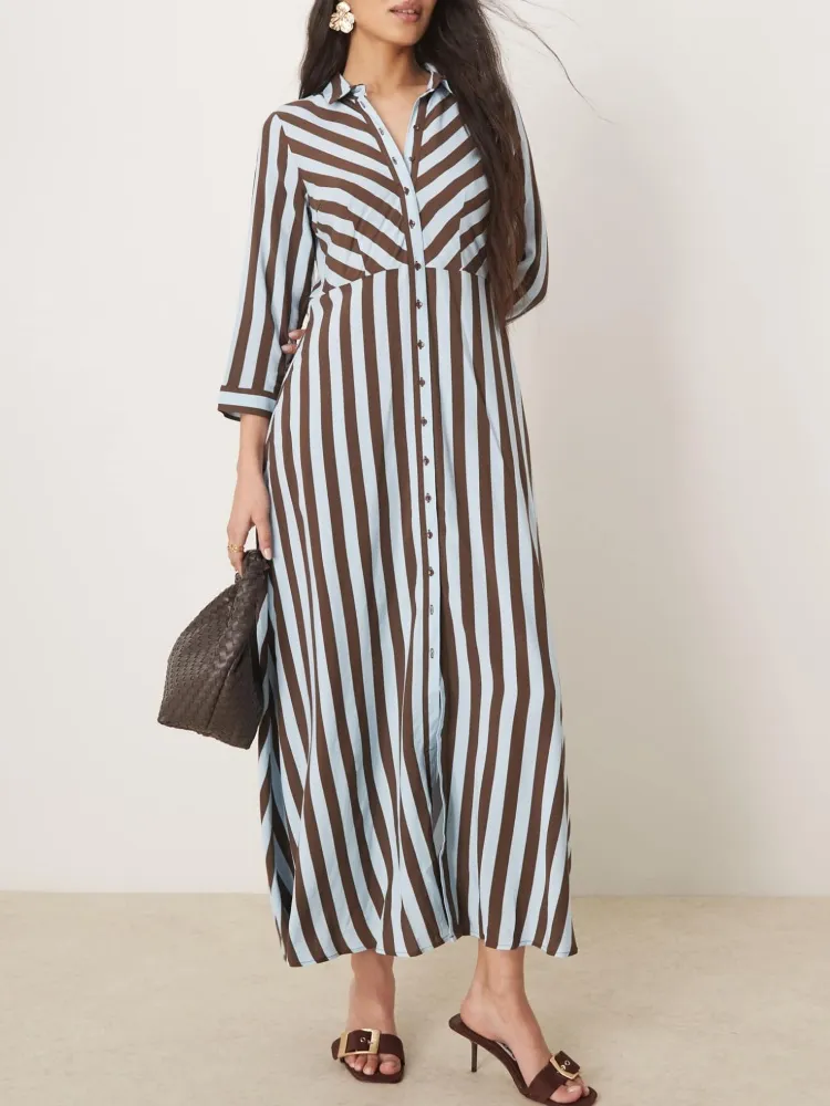Contrast Color Striped Maxi Shirt Dress