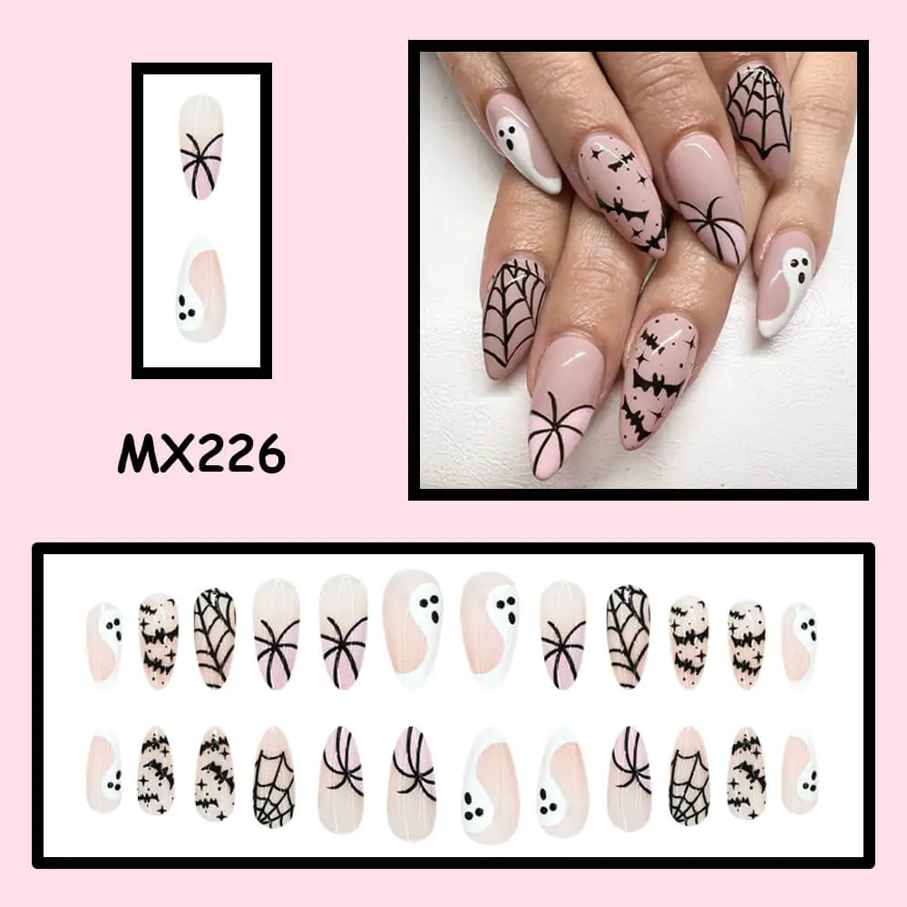 Nailhour 24Pcs Halloween Medium Almond Pink Ghost Press On Nails