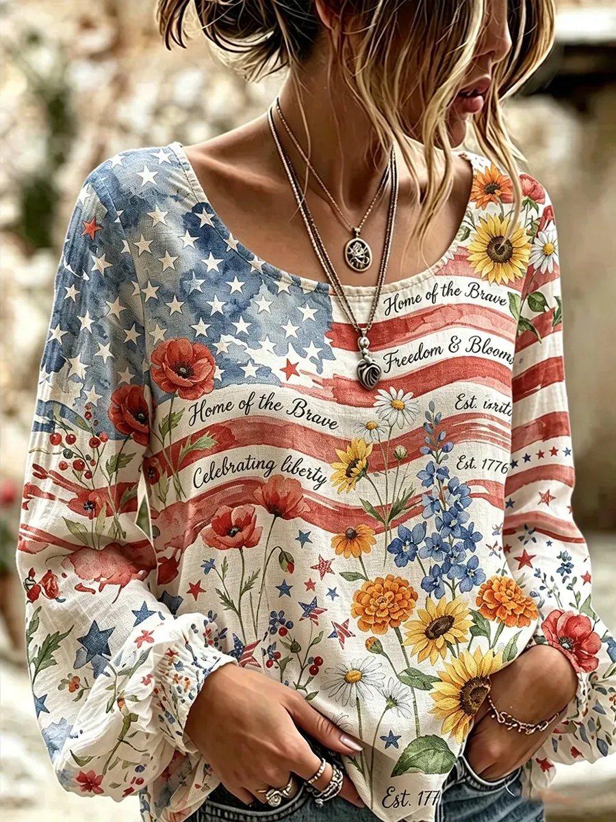 Women'S American Flag  Printed Long Sleeve Casual Shirt