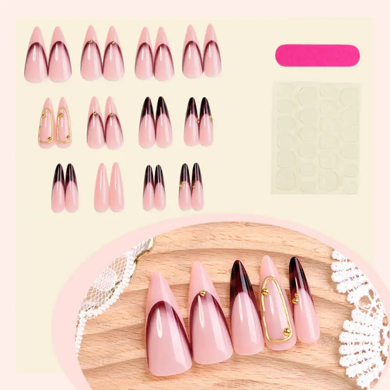 Nailhour 10Pcs French Long Almond Gilded Rhinestone Press On Nails