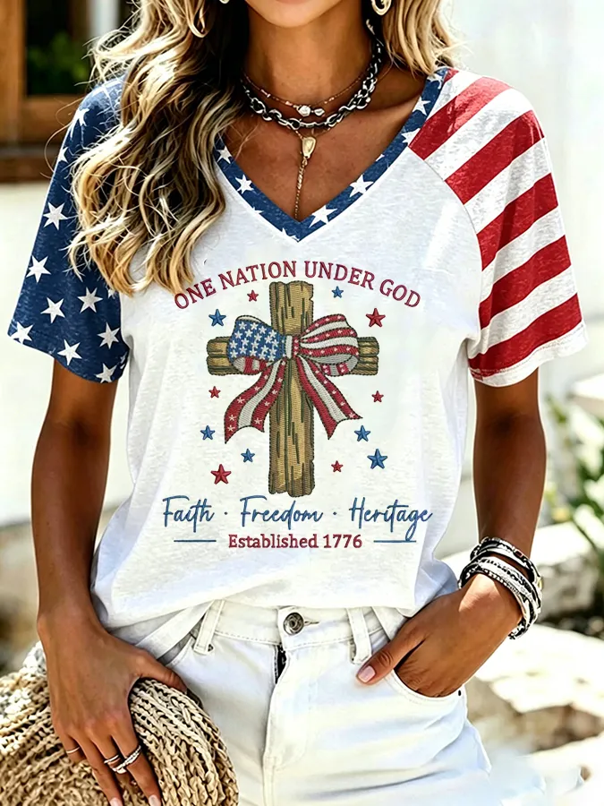 Women'S Retro Independence Day Printed Casual Short Sleeved T-Shirt