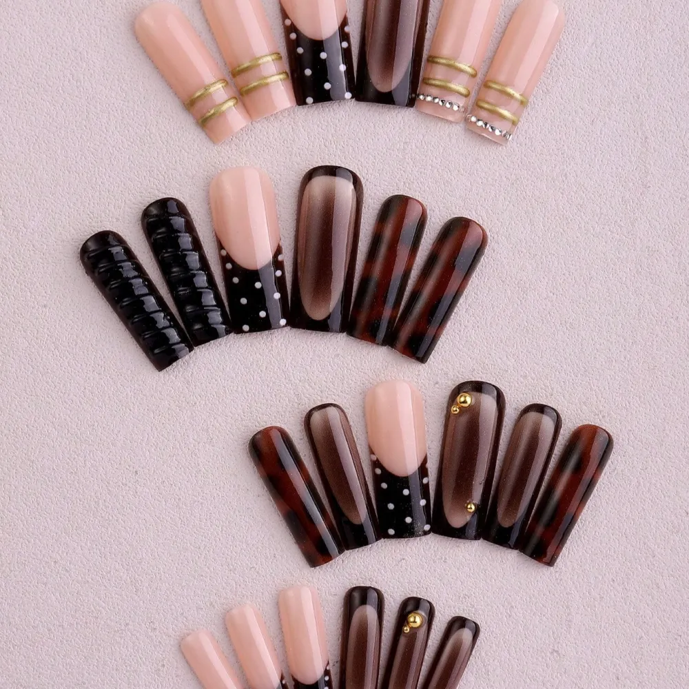 Nailhour 24Pcs French Autumn 3D Resin Long Square Press On Nails
