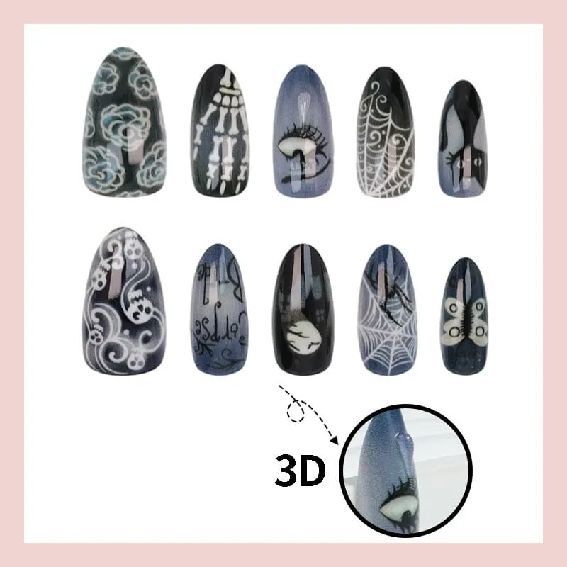 Nailhour 30Pcs Halloween Spider Web 3D Medium Almond French Press On Nails