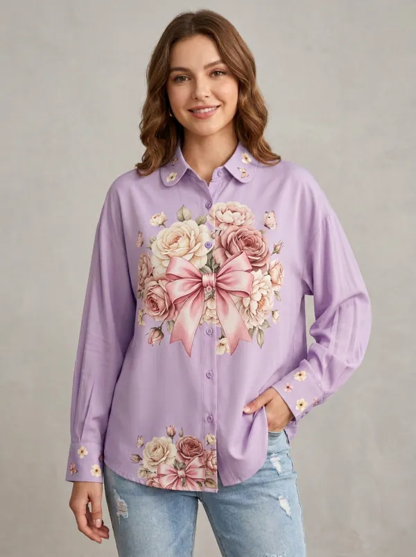 Women's Breast Cancer Awareness Floral Bow Printed Button-up Shirt
