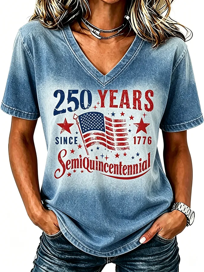 Ladies' Casual American 250Th Anniversary Commemorative Sequin Personalized Print V-Neck T-Shirt