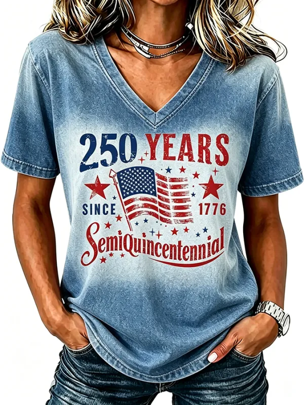 Ladies' Casual American 250Th Anniversary Commemorative Sequin Personalized Print V-Neck T-Shirt