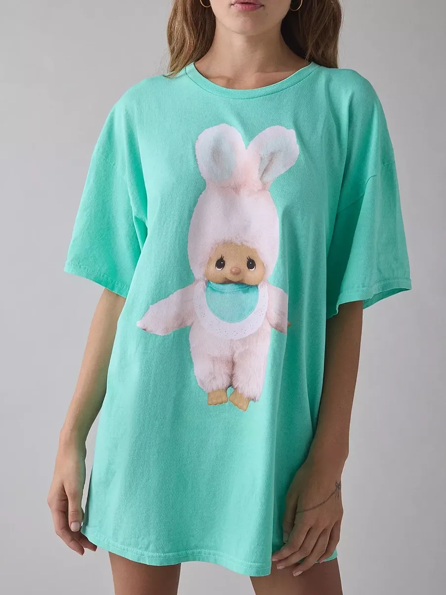 A Loose T-Shirt With Solid Color Monchi Print For Ladies