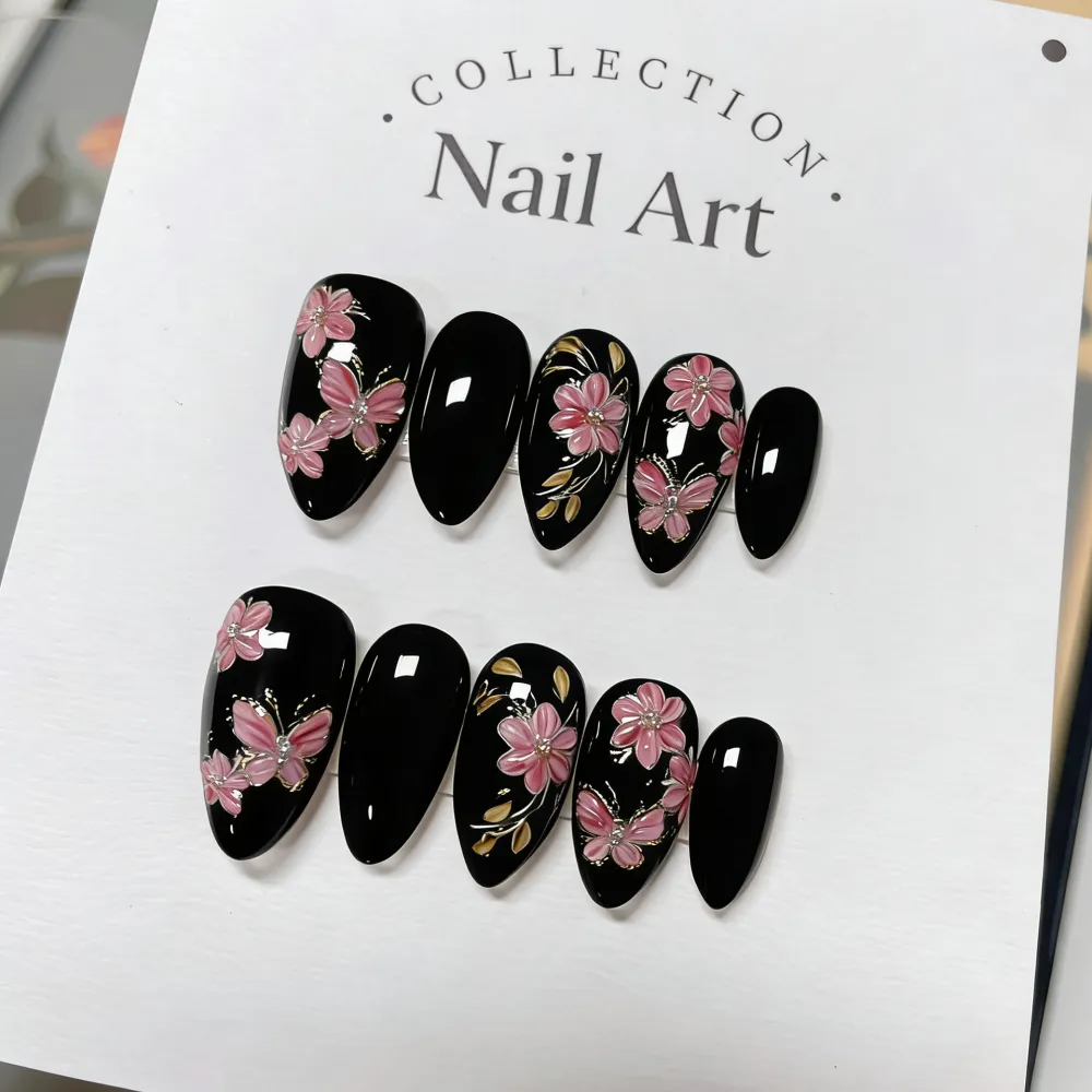 Nailhour 30Pcs Black Floral Medium Almond Press On Nails