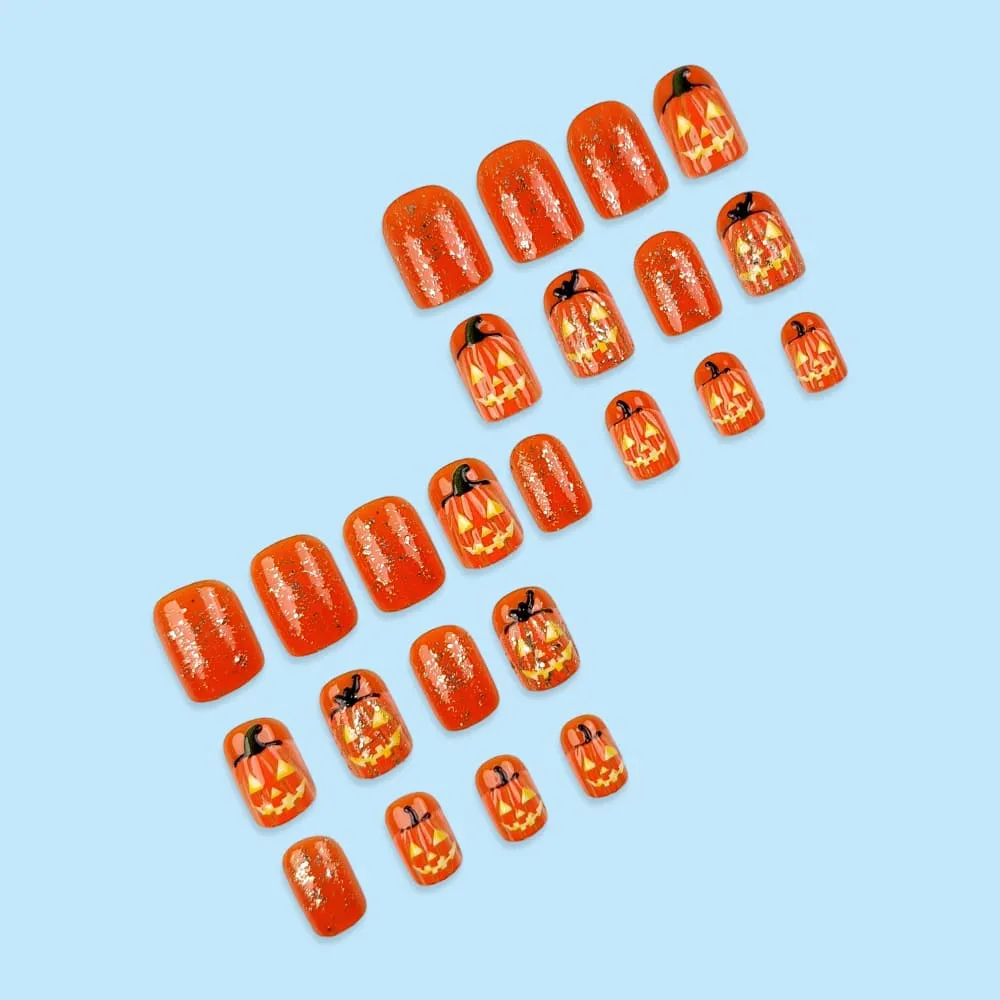 Nailhour 24Pcs Orange Halloween Medium Square Press On Nails