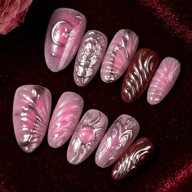 Nailhour 30Pcs Floral 3D Medium Almond French Press On Nails