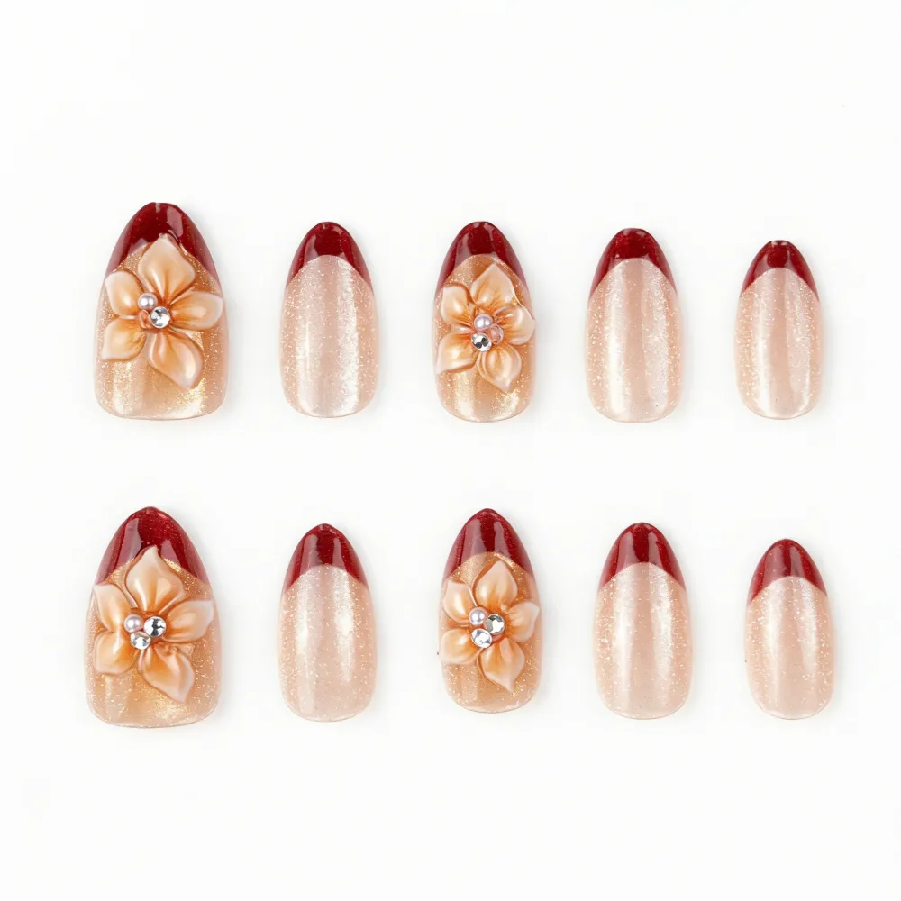 Nailhour 30Pcs Brown 3D French Medium Almond Press On Nails