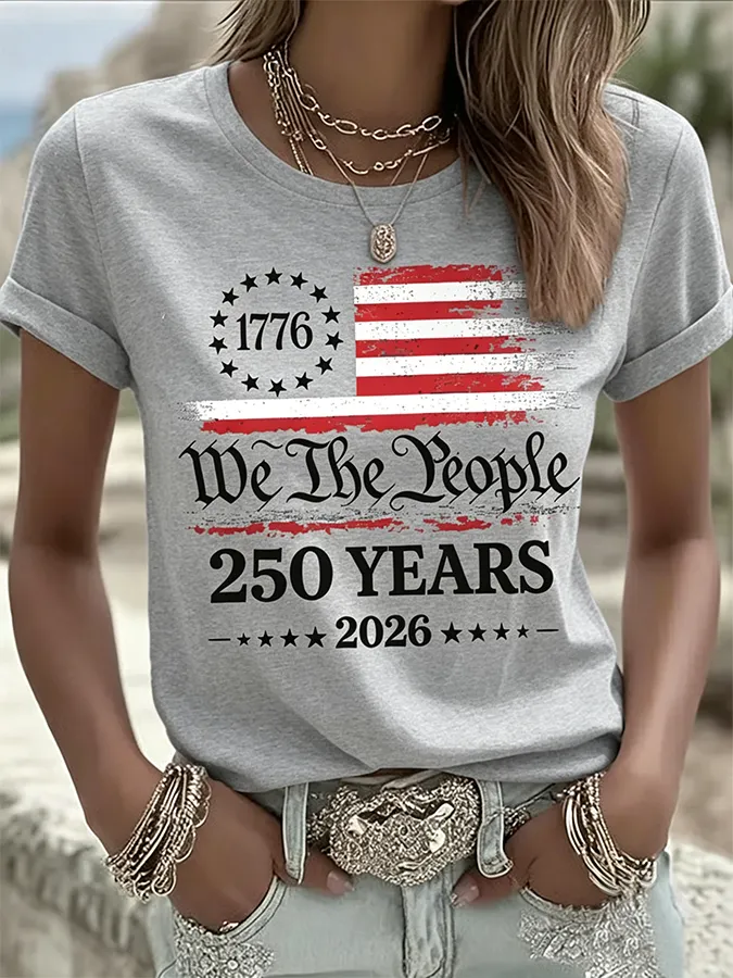 Ladies' Casual American 1776-2026 Anniversary Celebration Print Round Neck T-Shirt