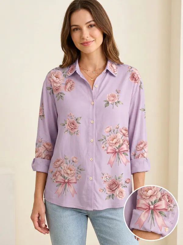 Women's Breast Cancer Awareness Pink Ribbon Floral Printed Button-Down Shirt