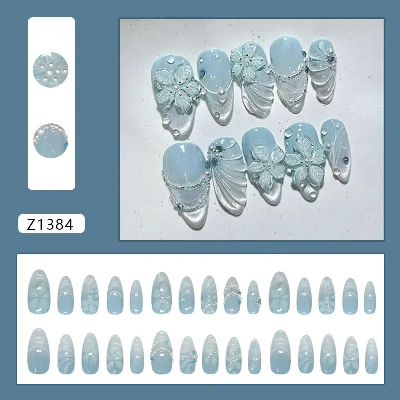 Nailhour 30Pcs Blue Gilded 3D French Medium Almond Press On Nails