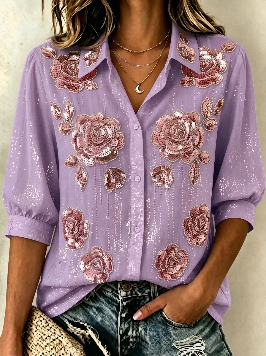 Women's Breast Cancer Awareness Pink Rose Sequin Embroidered Printed Shirt