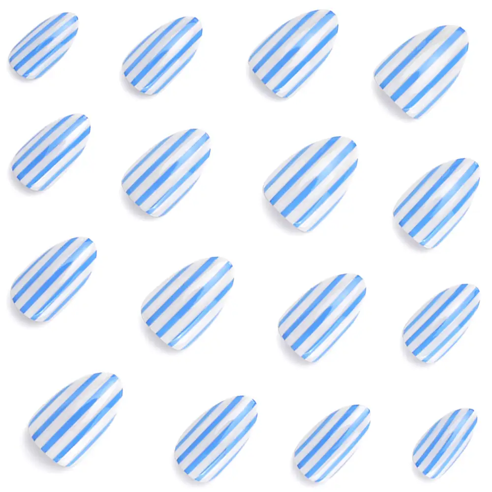 Nailhour 24Pcs Medium Almond Y2K Blue Striped Press On Nails