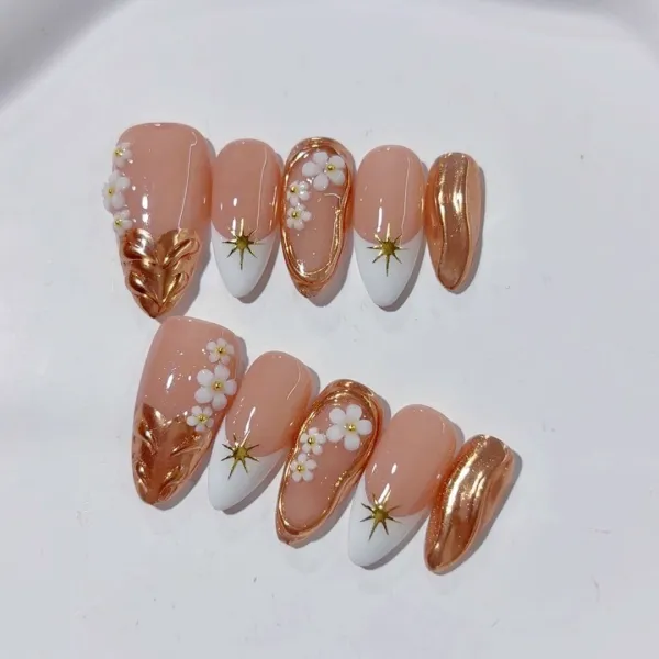 Nailhour 10Pcs Nude 3D Medium Almond Cat Eye Press On Nails