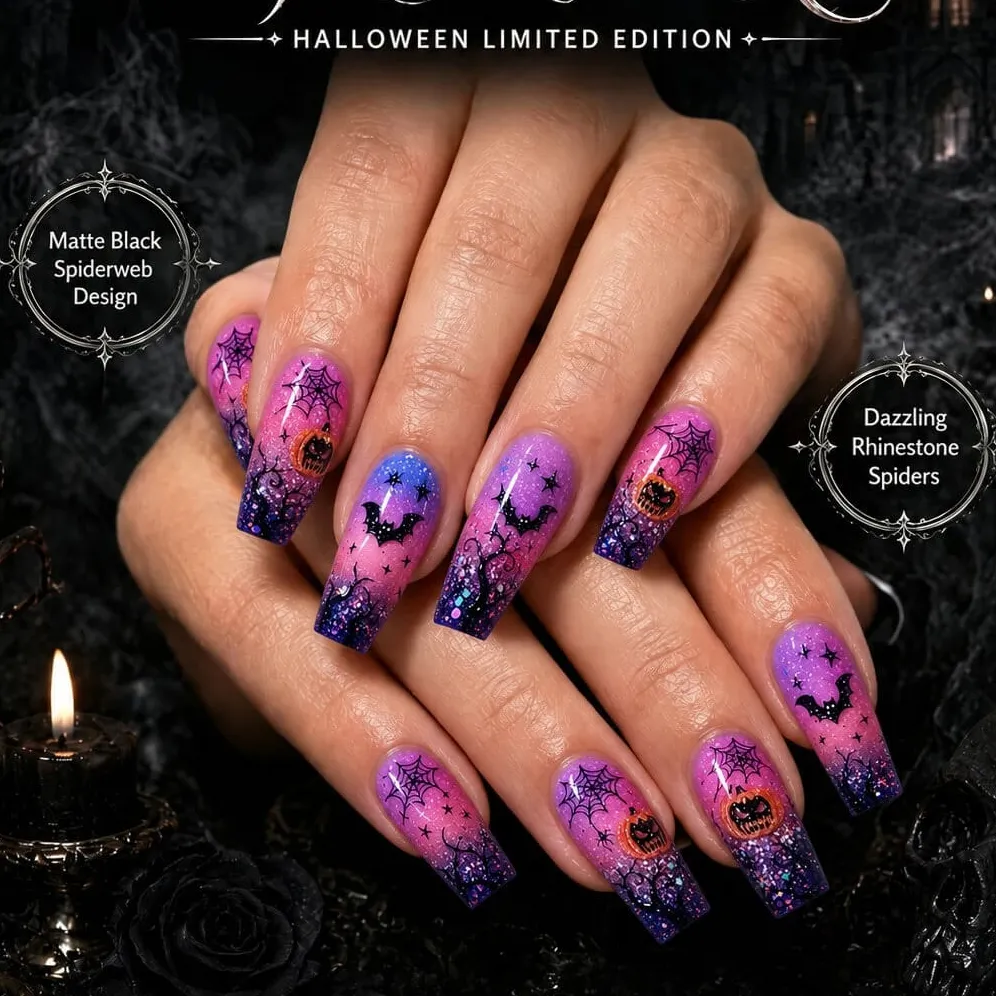 Nailhour 24Pcs Halloween Purple Glitter Medium Square Press On Nails