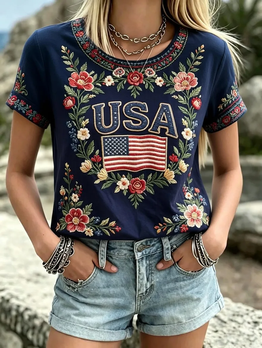 Women's casual round neck Patriot printed T-shirt