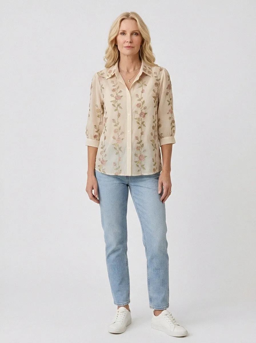 Women's Breast Cancer Awareness Pink Rose Floral Embroidered Button-up Shirt