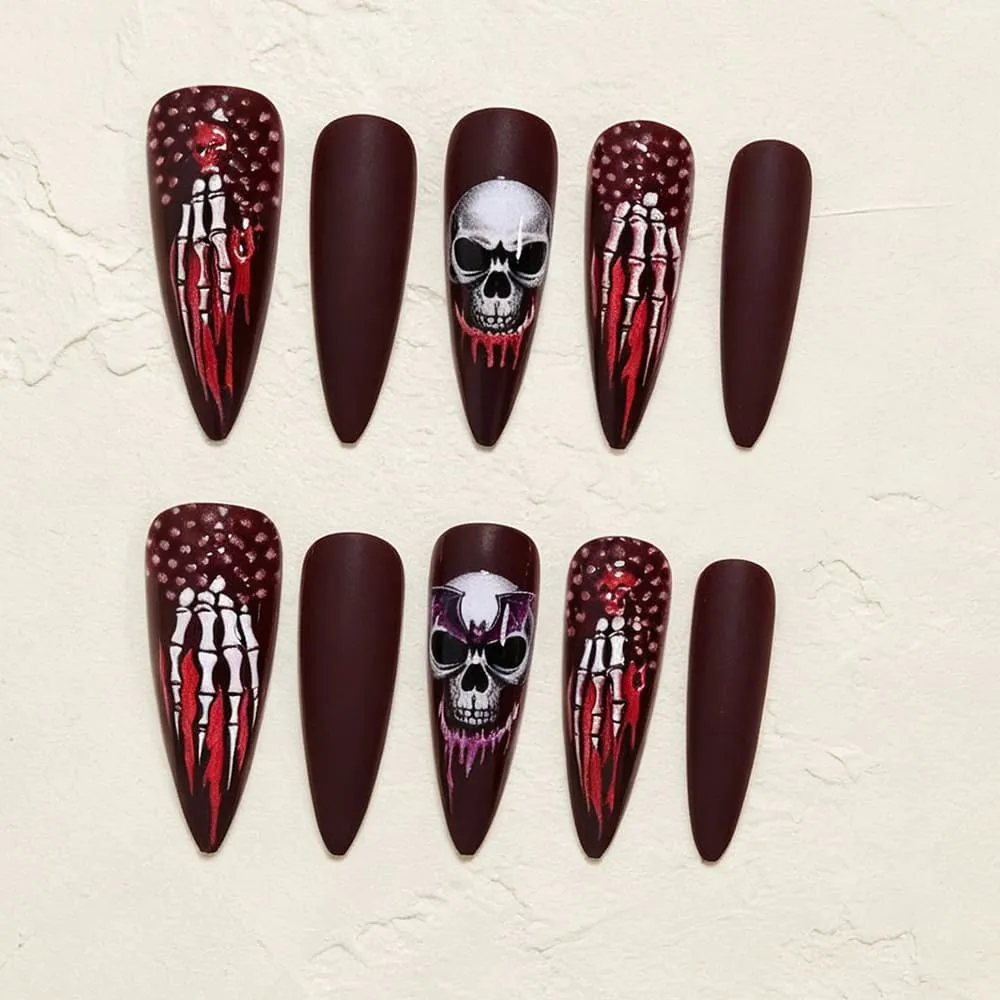 Nailhour 24Pcs Red Halloween Gothic Long Almond  Press On Nails
