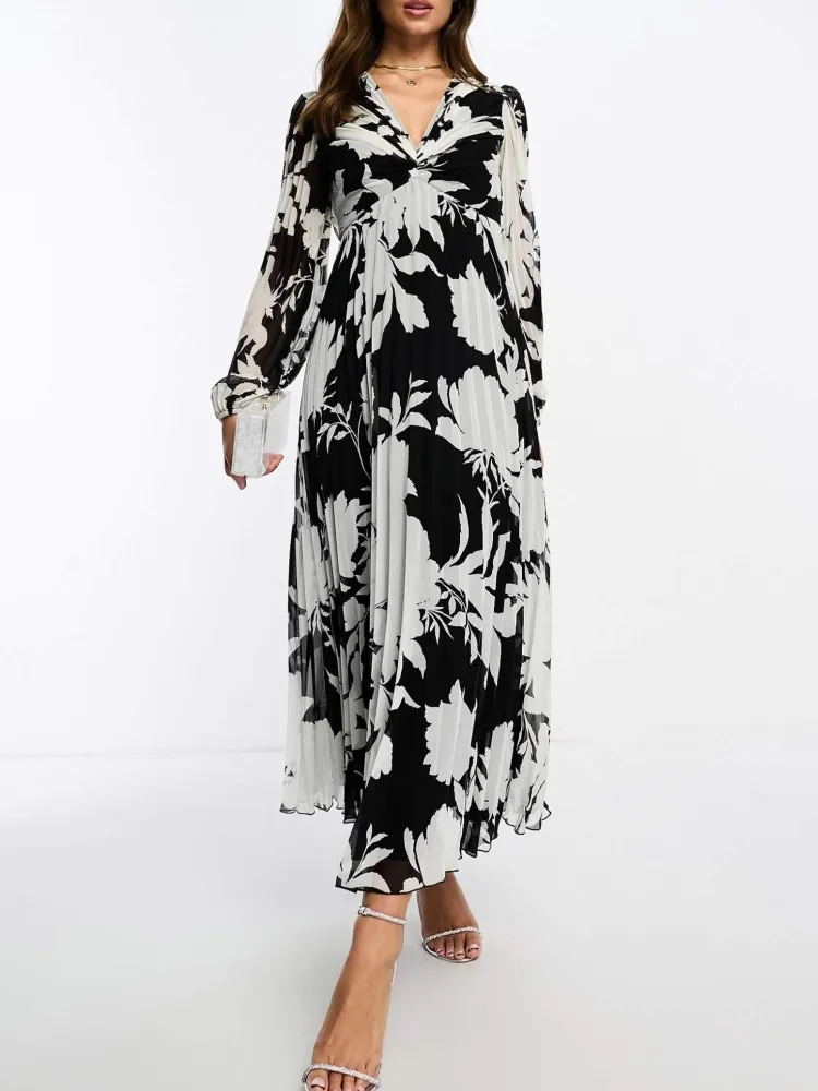 Pleated V-Neck Maxi Dress