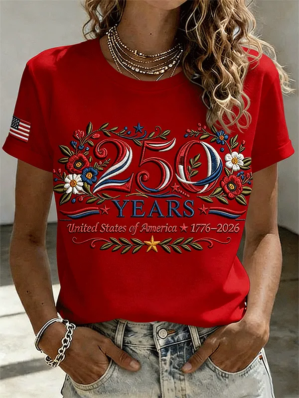 Women's 250 Years 1776-2026 USA Floral Embroidered T-shirt